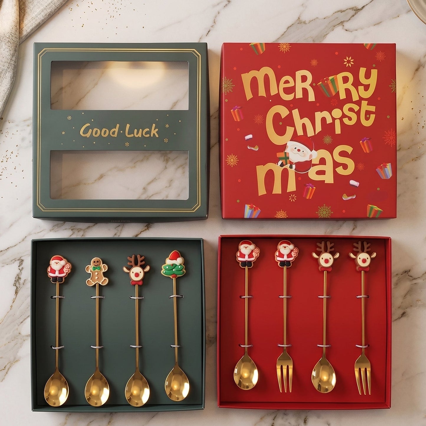 Mix Golden Cartoon Spoon Set with Gift Box Steel Dessert Coffee Tea Spoons (4 Pc Set)