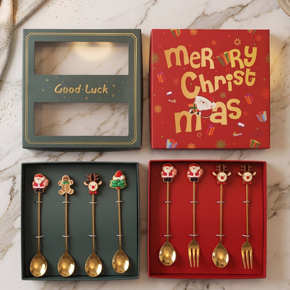 Mix Golden Cartoon Spoon Set with Gift Box Steel Dessert Coffee Tea Spoons (4 Pc Set)