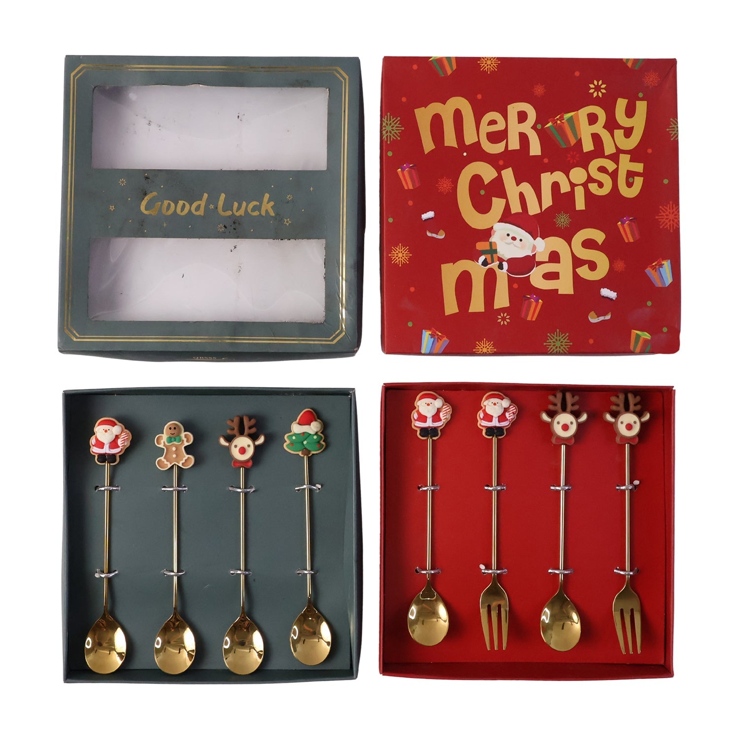 Mix Golden Cartoon Spoon Set with Gift Box Steel Dessert Coffee Tea Spoons (4 Pc Set)