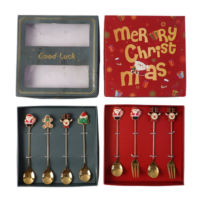 Mix Golden Cartoon Spoon Set with Gift Box Steel Dessert Coffee Tea Spoons (4 Pc Set)