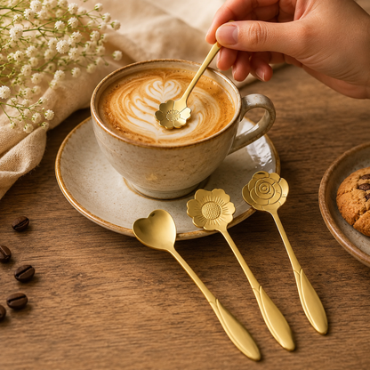 A hand stirs a latte with a gold flower-shaped spoon, three other decorative spoons rest on a wooden table.
