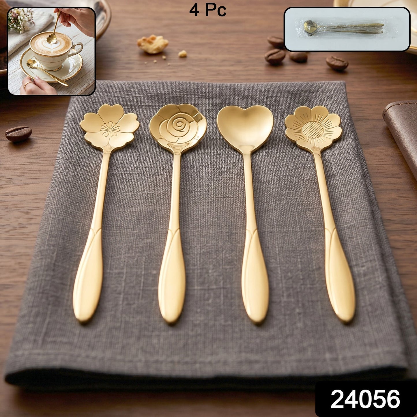 Golden Mini Serving Spoon Set Steel Dessert Tea Coffee Spoons for Home (4 Pc Set)
