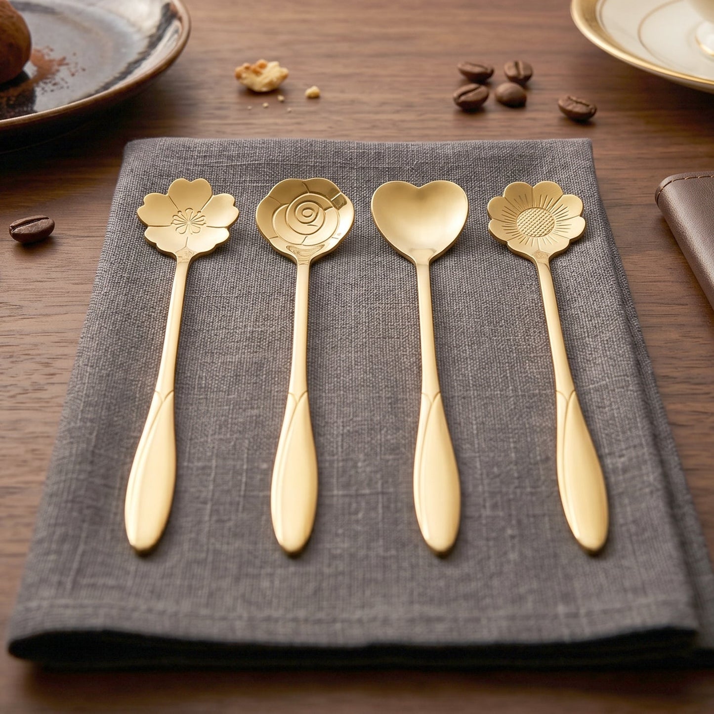 Golden Mini Serving Spoon Set Steel Dessert Tea Coffee Spoons for Home (4 Pc Set)