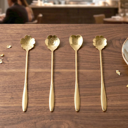 Golden Mini Serving Spoon Set Steel Dessert Tea Coffee Spoons for Home (4 Pc Set)