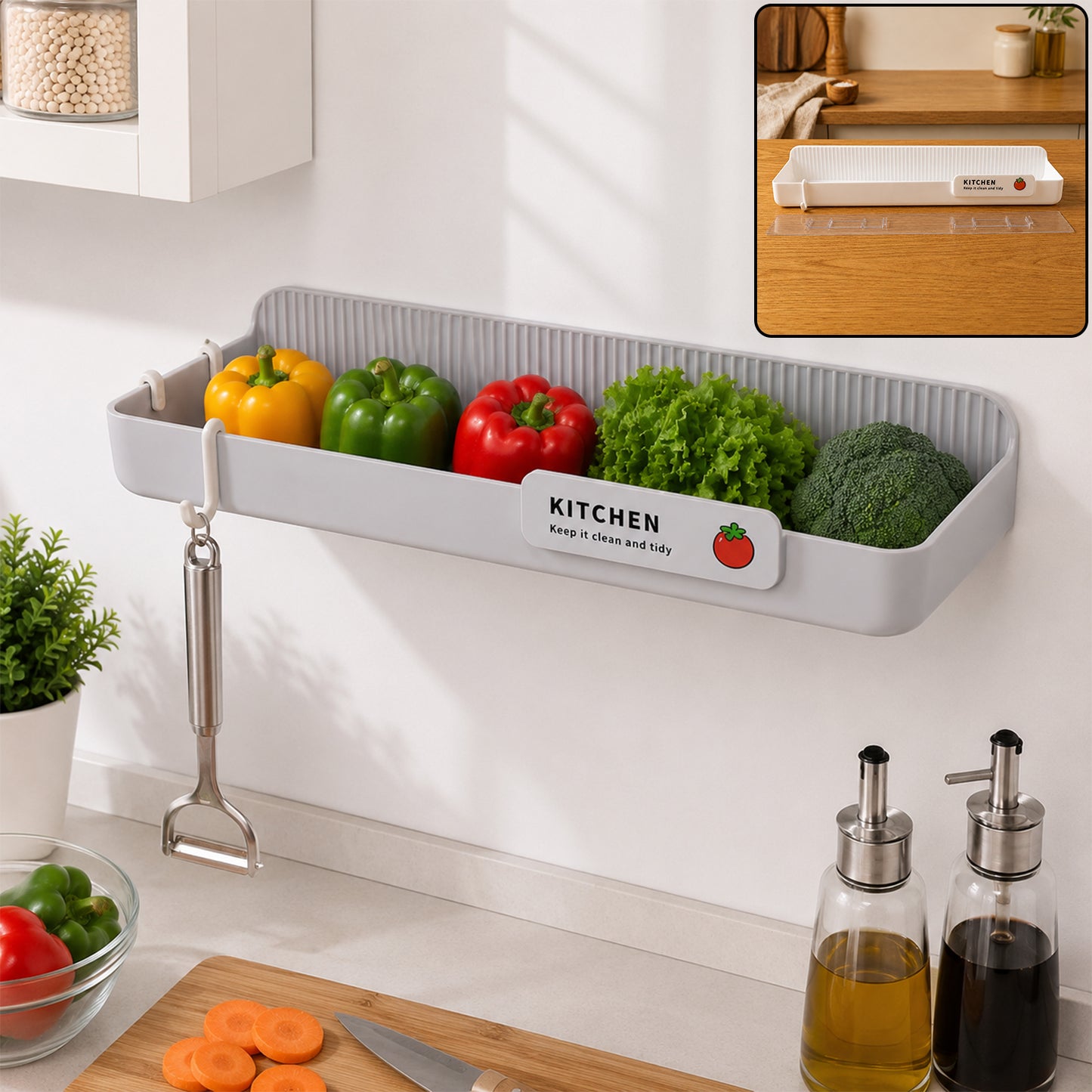 Wall mounted plastic kitchen drain rack holding vegetables