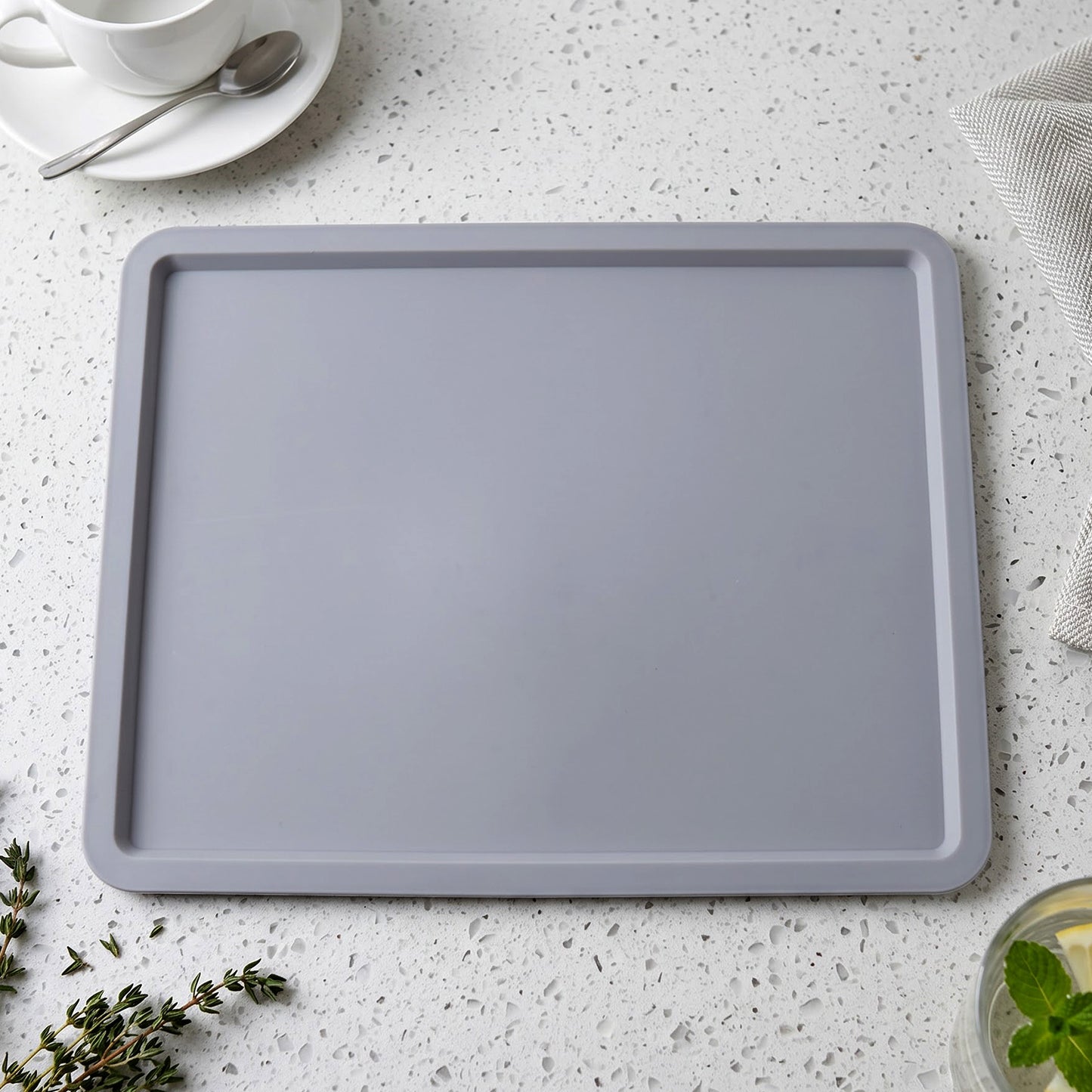 Rectangular tea serving tray on kitchen counter