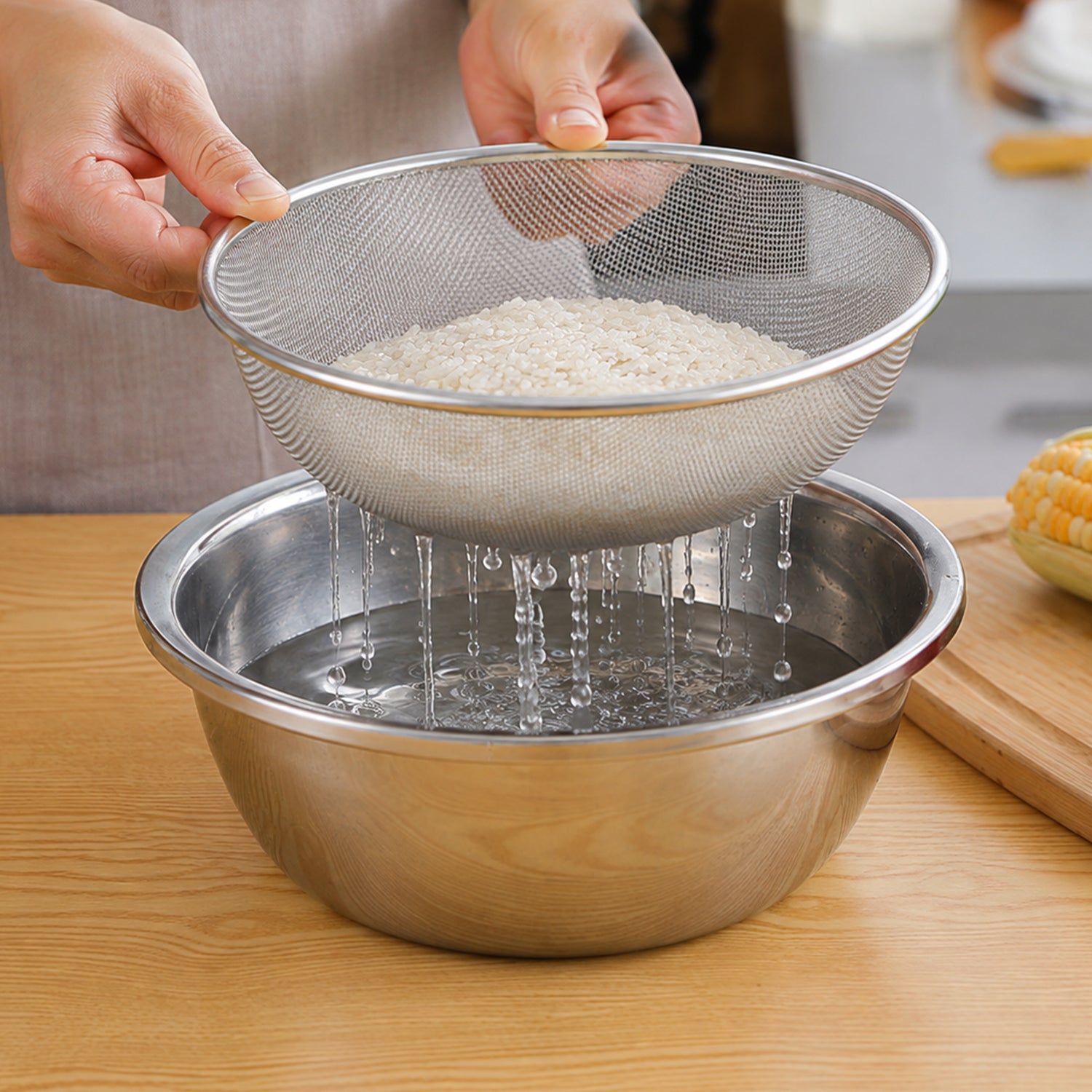 Mesh strainer bowl draining rinsed food