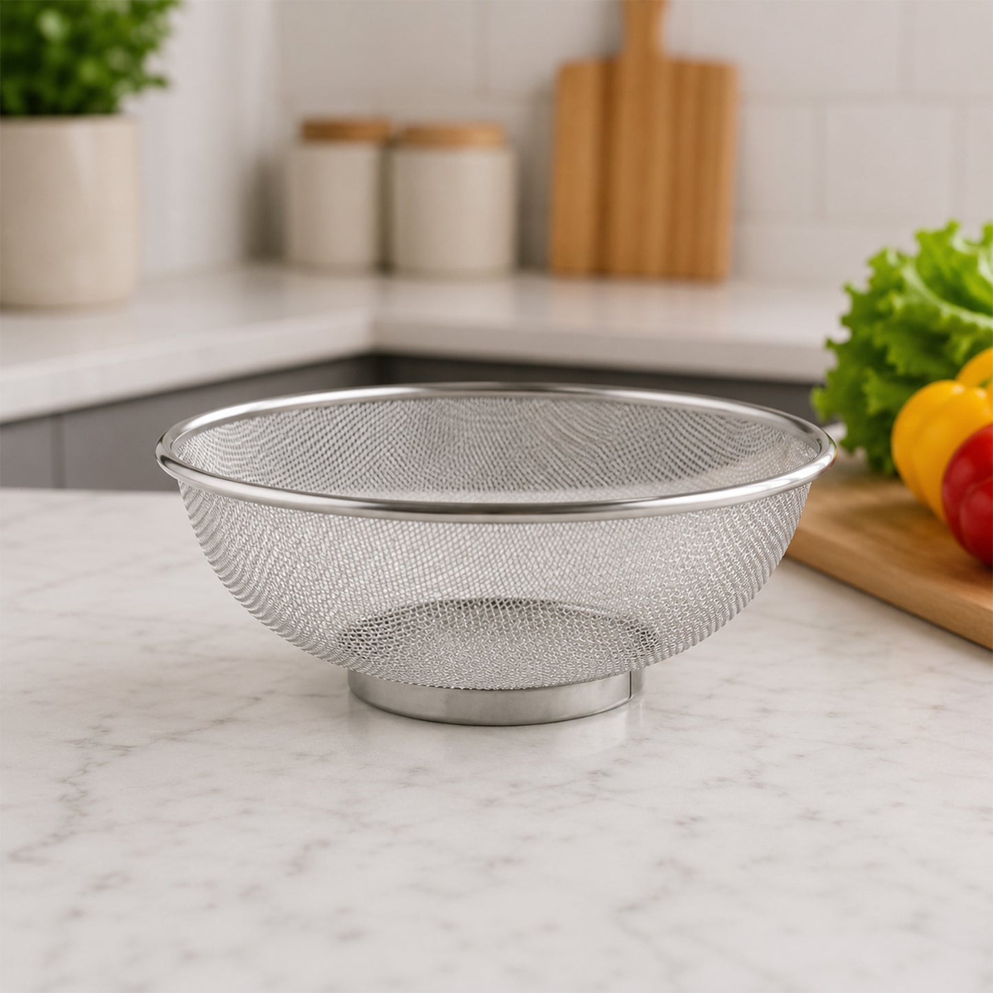 Stainless steel kitchen colander on counter