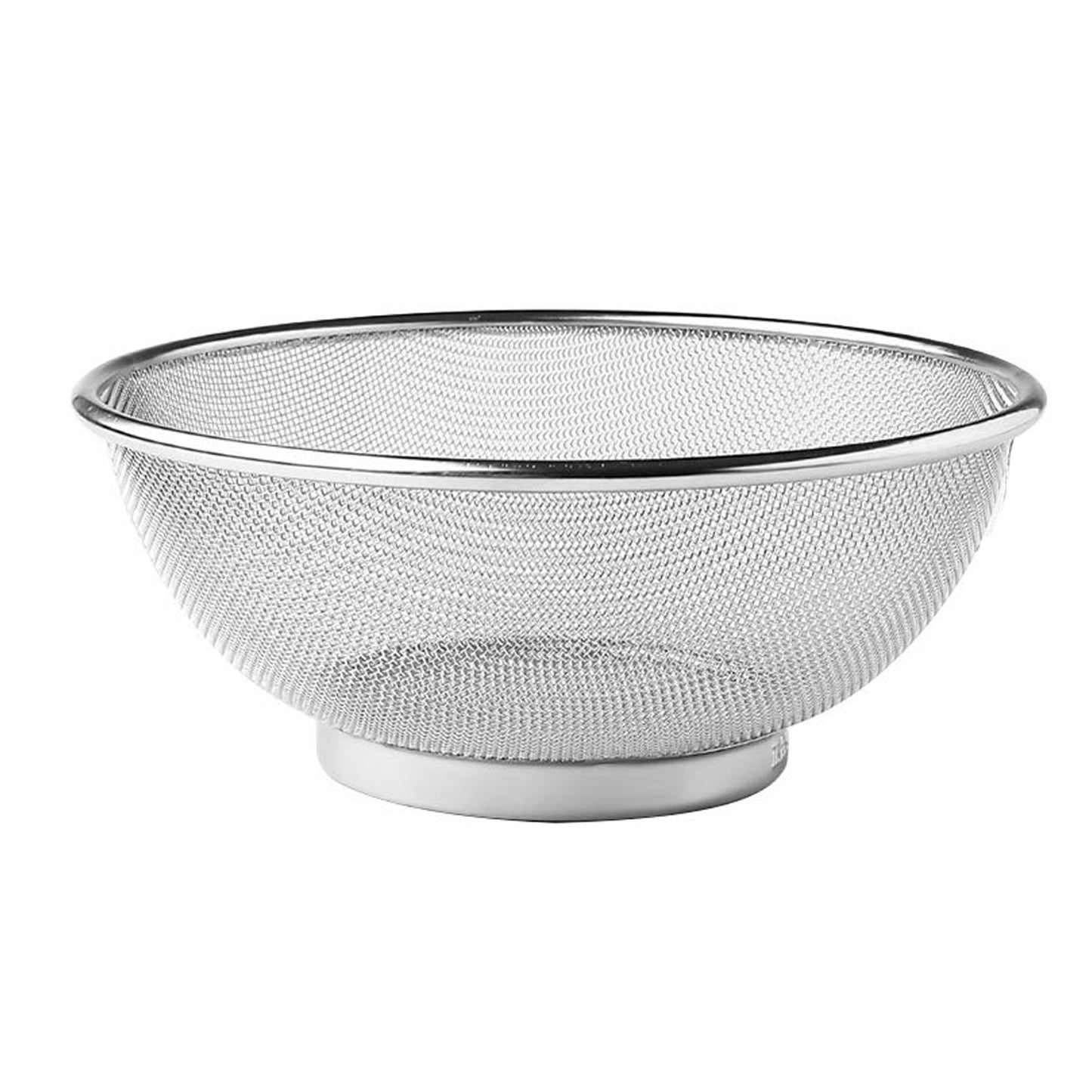 Stainless steel mesh strainer bowl on white background