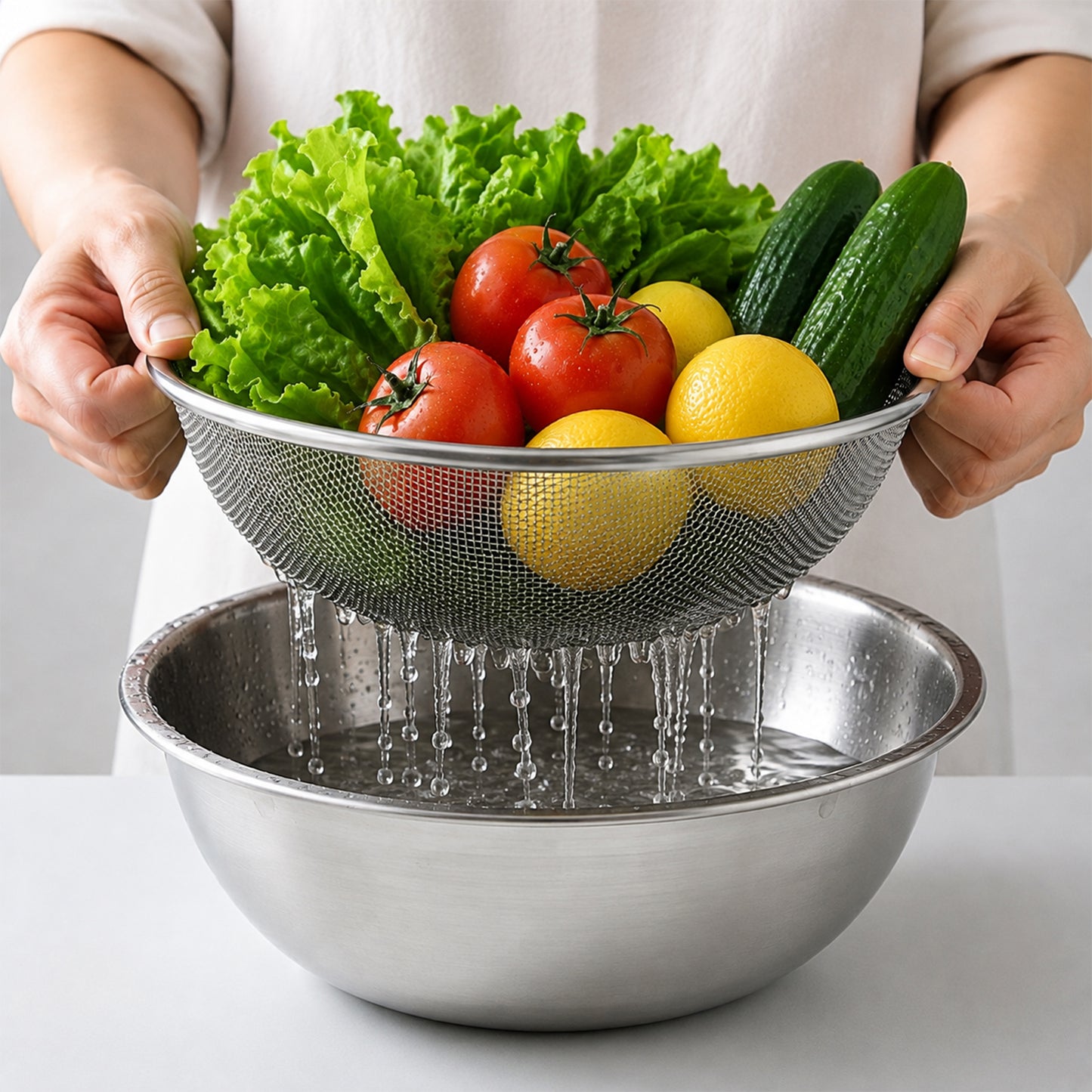 Kitchen strainer bowl holding vegetables