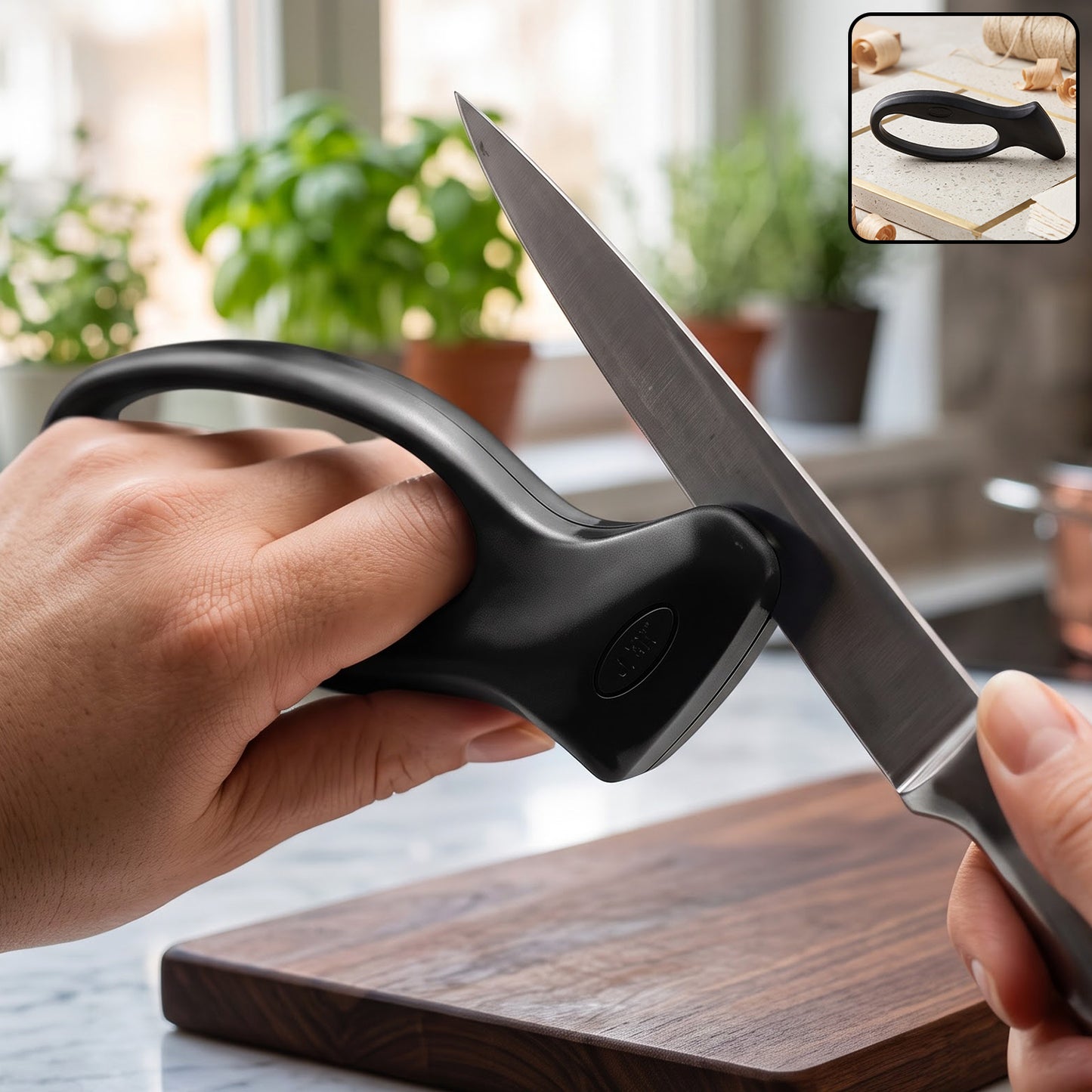 Manual pull through knife sharpener in use