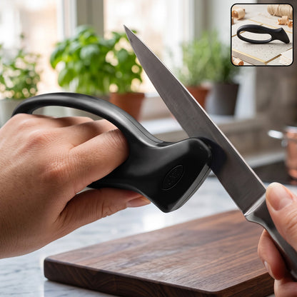 Manual pull through knife sharpener in use