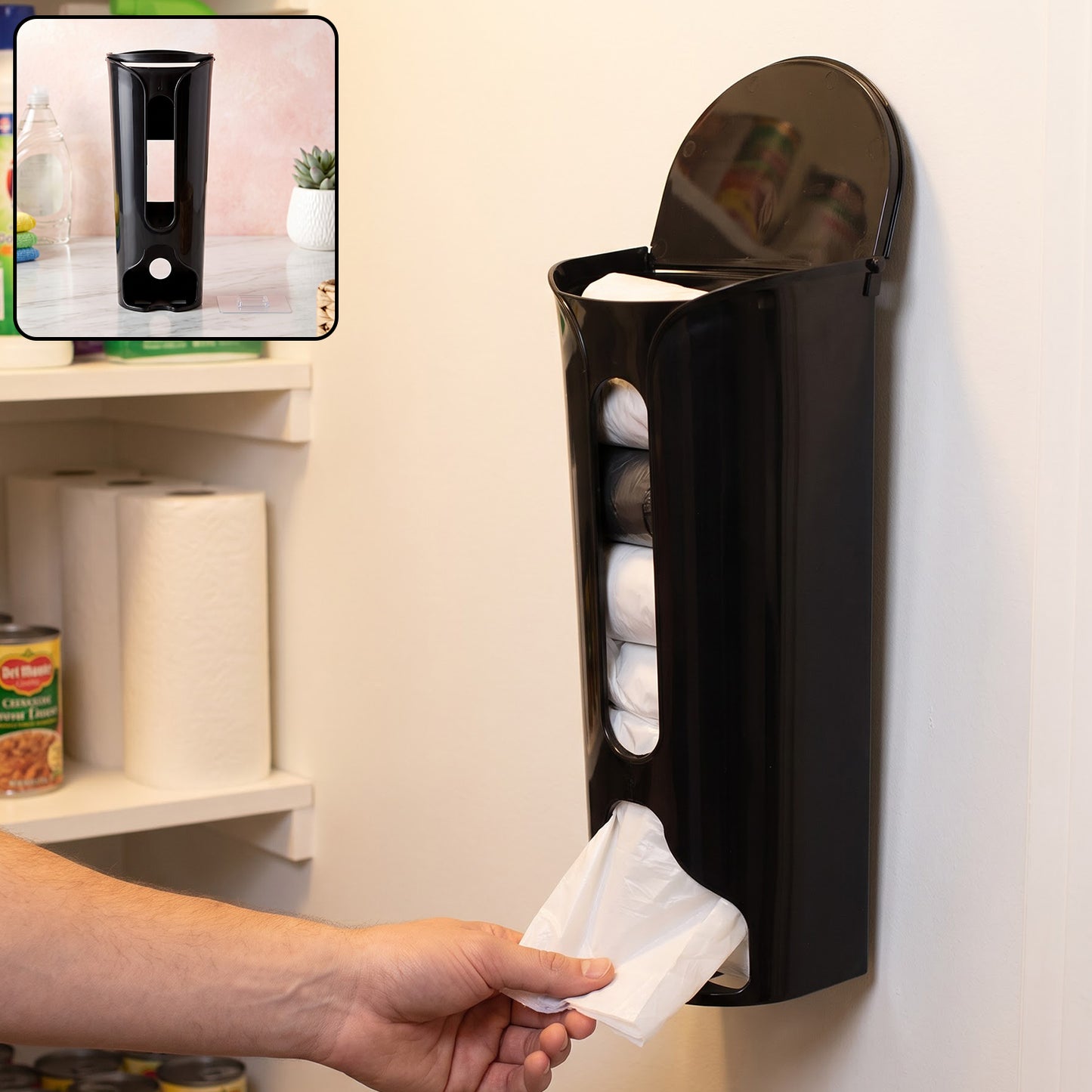 Vertical plastic bag holder mounted in kitchen