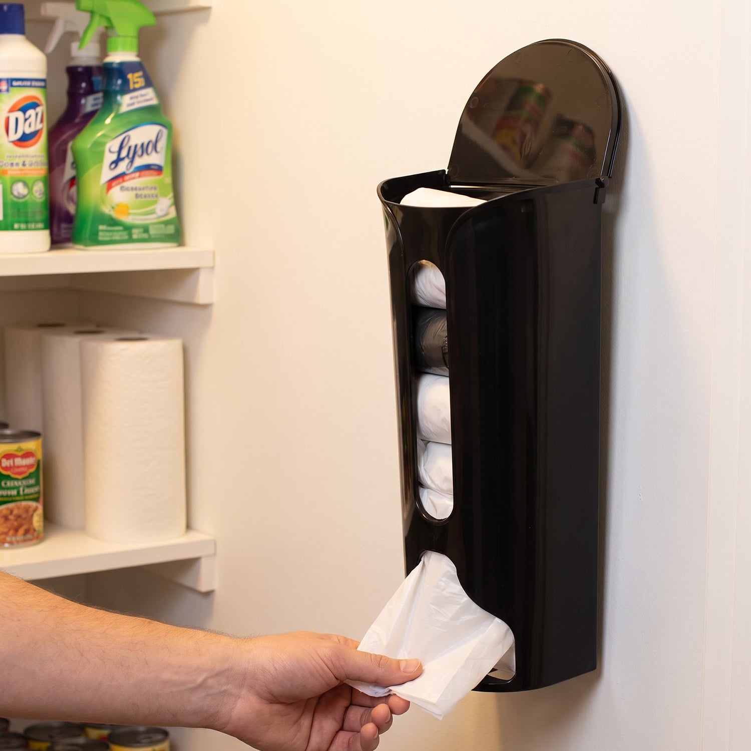 Wall mounted plastic bag dispenser