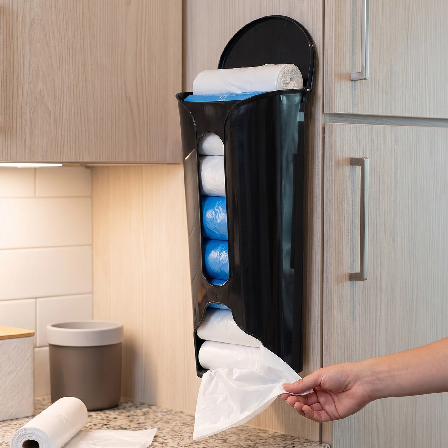 Kitchen cabinet bag organizer in use