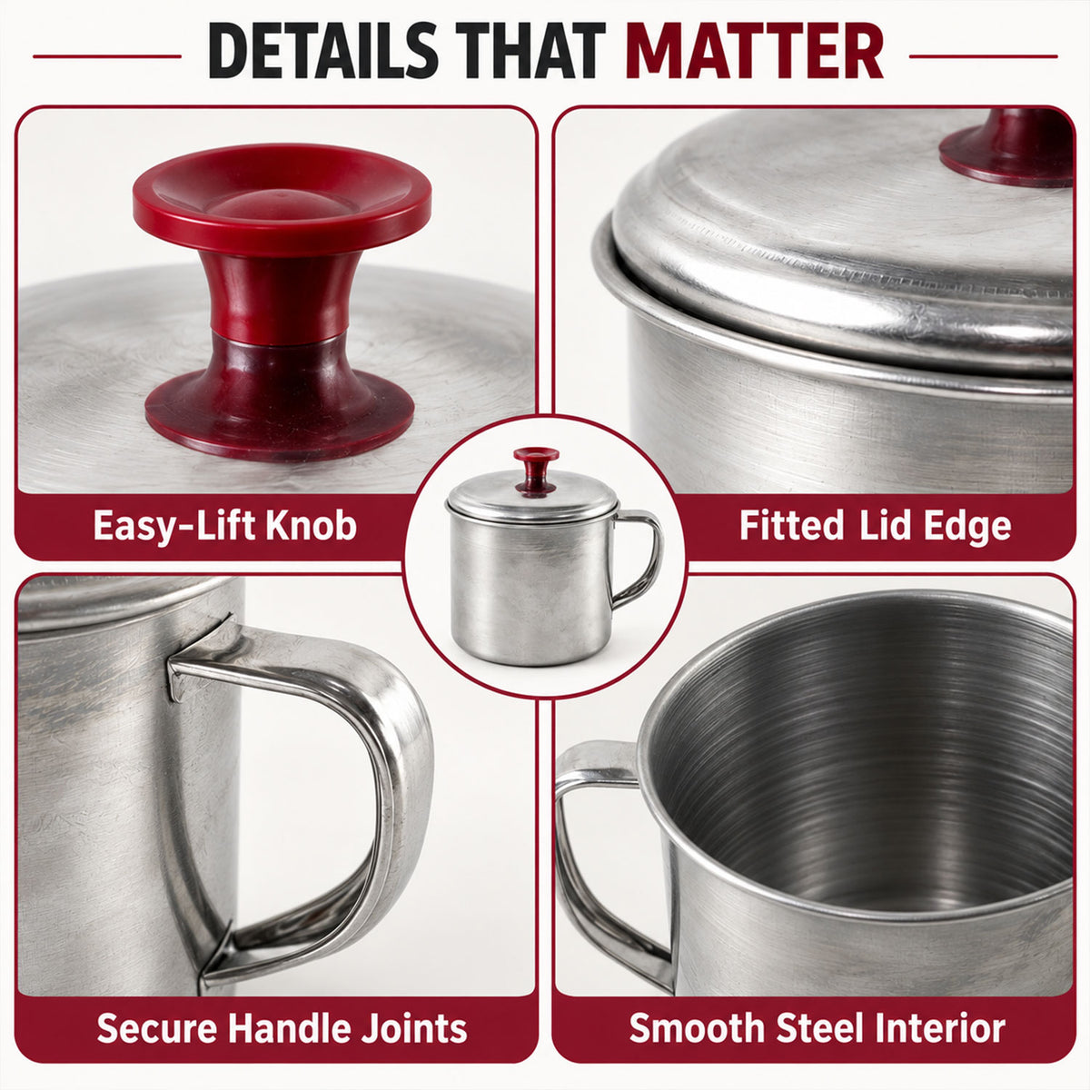 Stainless steel tea coffee mug with lid - handle and lid details