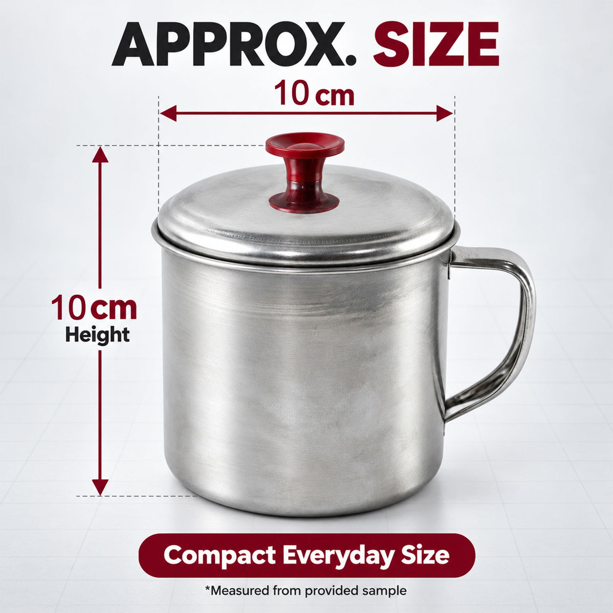 Stainless steel tea coffee mug with lid - dimensions