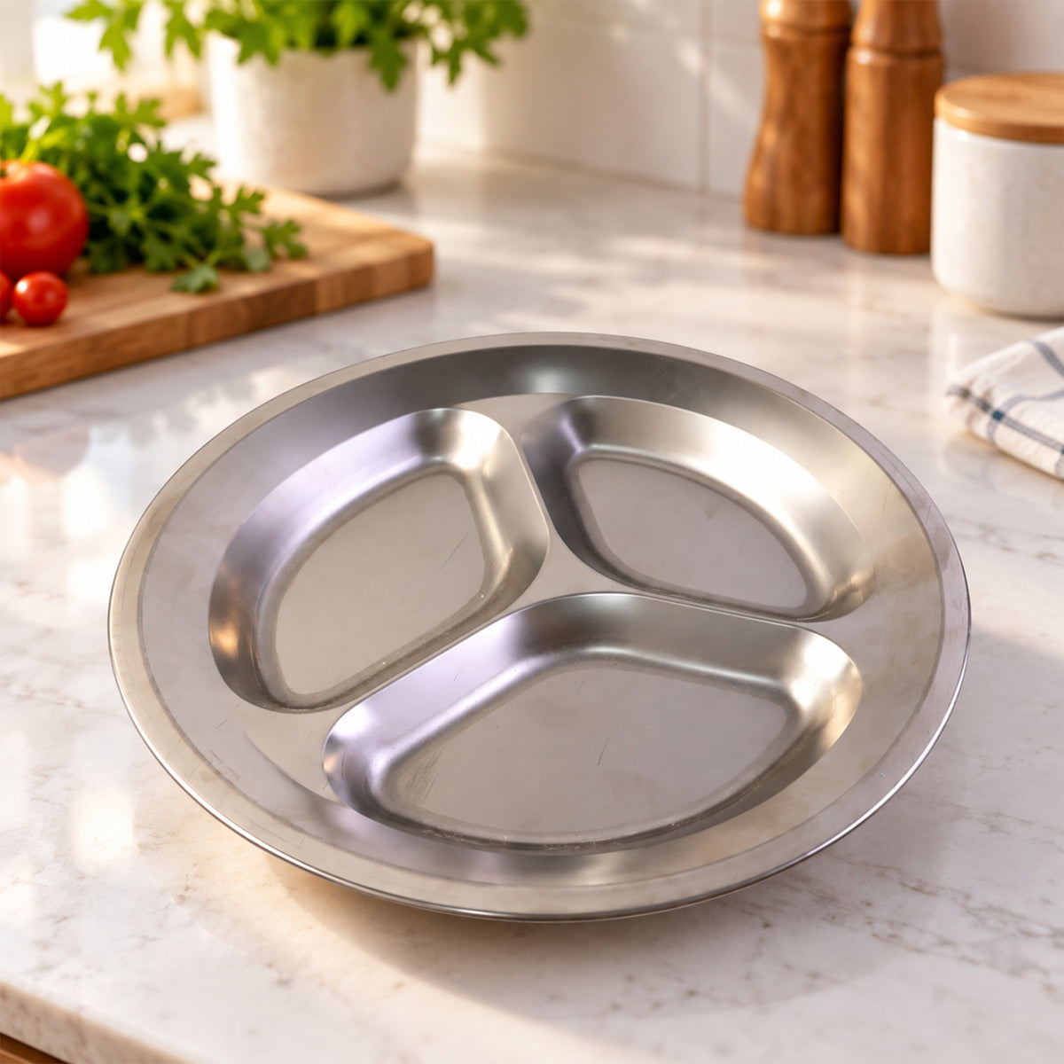 Stainless steel three compartment plate - kitchen display