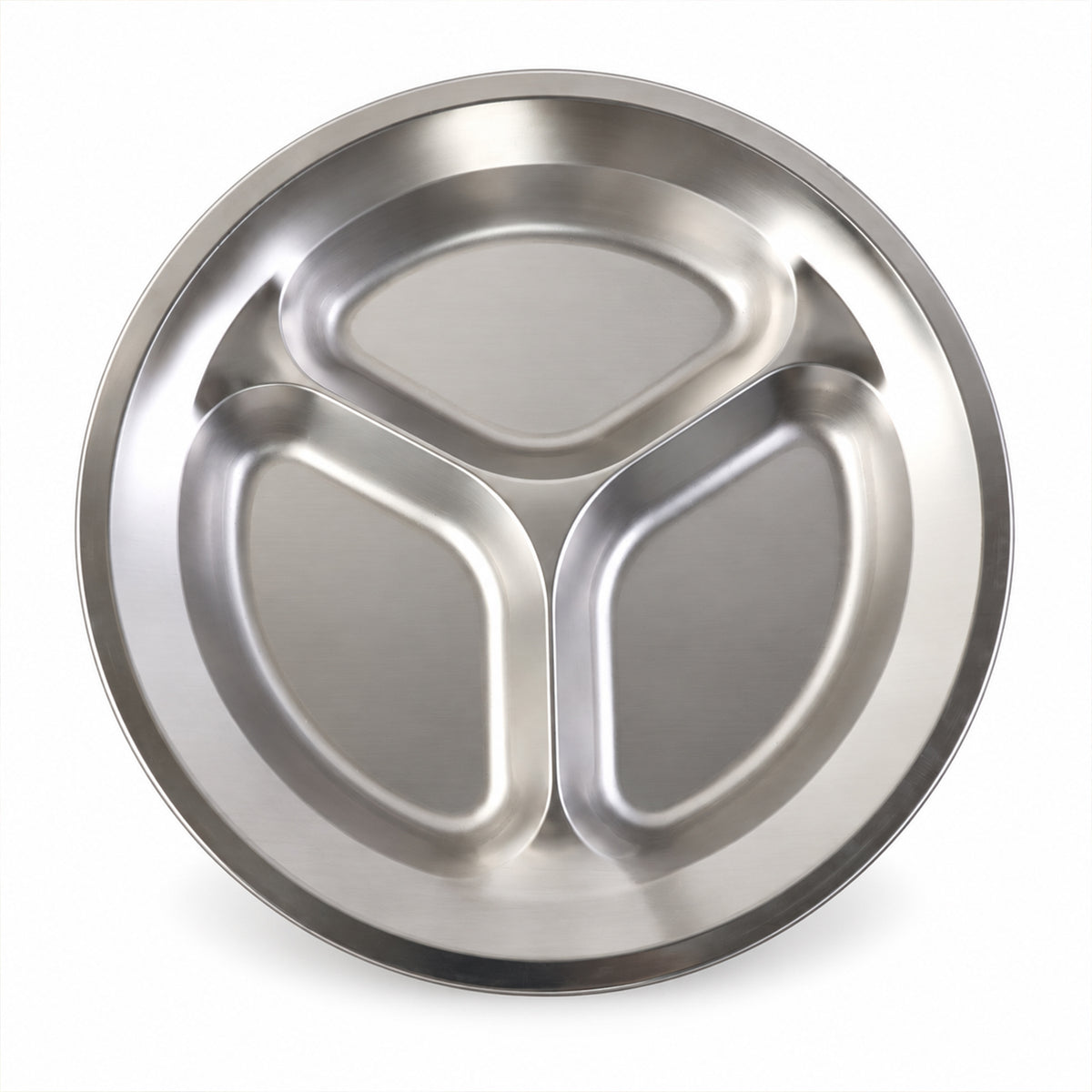 Stainless steel three compartment plate - white background