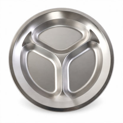 Stainless steel three compartment plate - white background