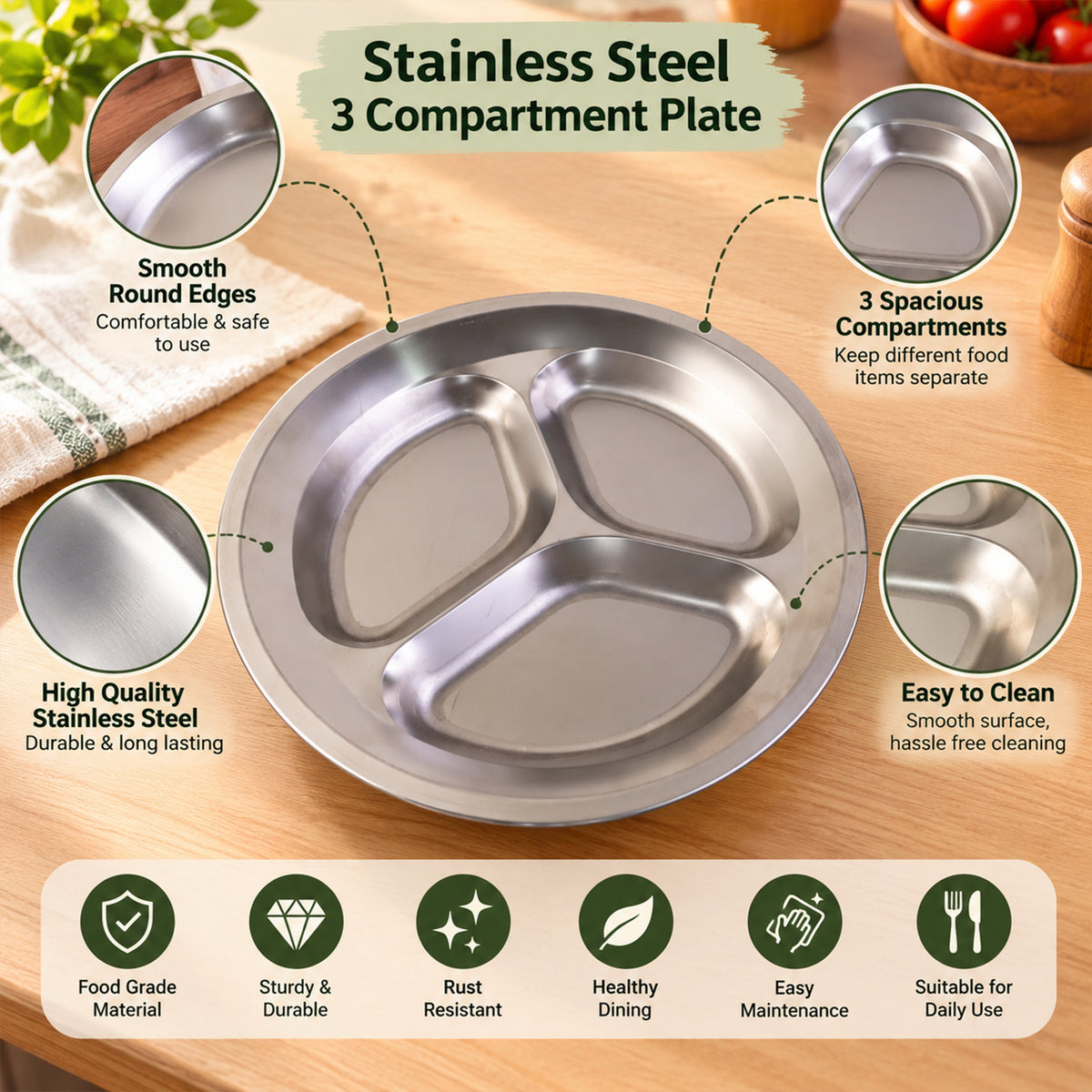 Stainless steel three compartment plate - plate features