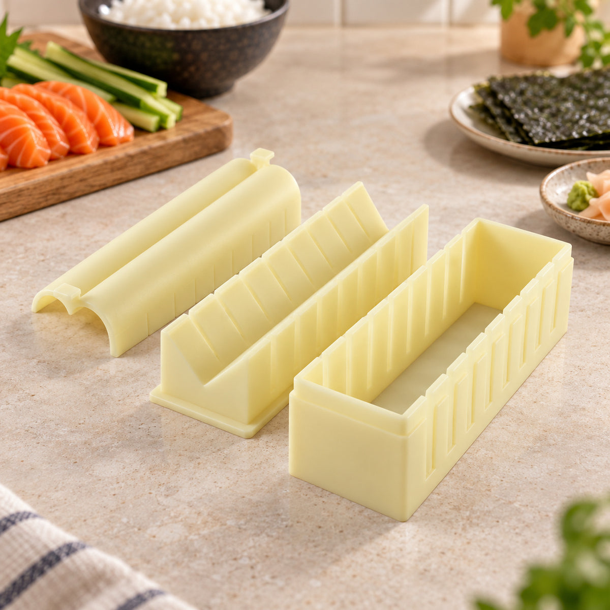 Sushi roll maker mold with removable press and slicing guide, product view 1
