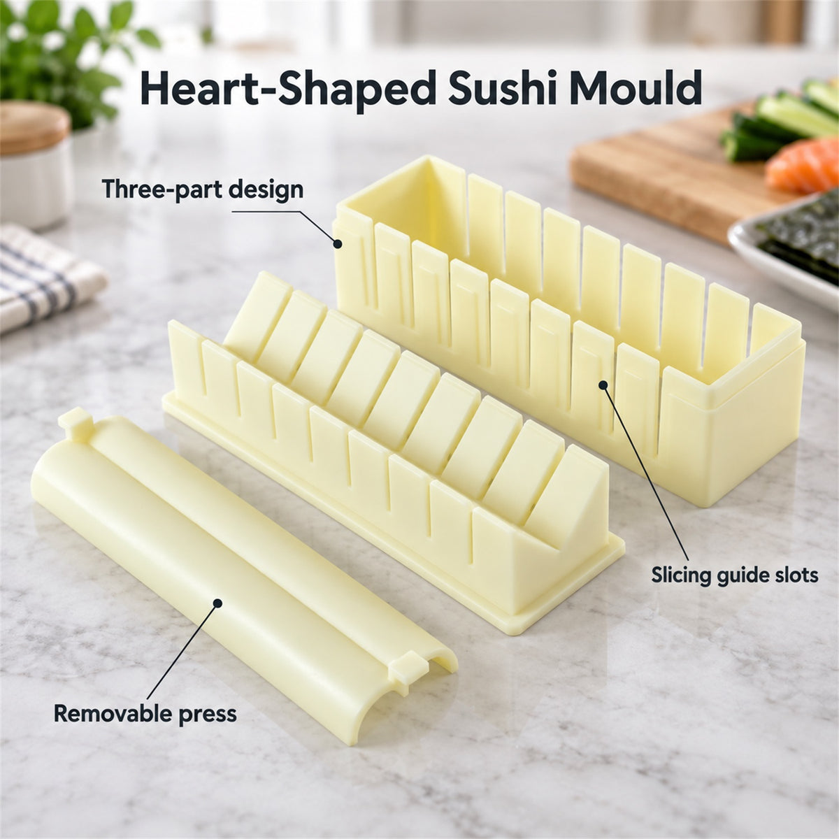 Sushi roll maker mold with removable press and slicing guide, product view 11