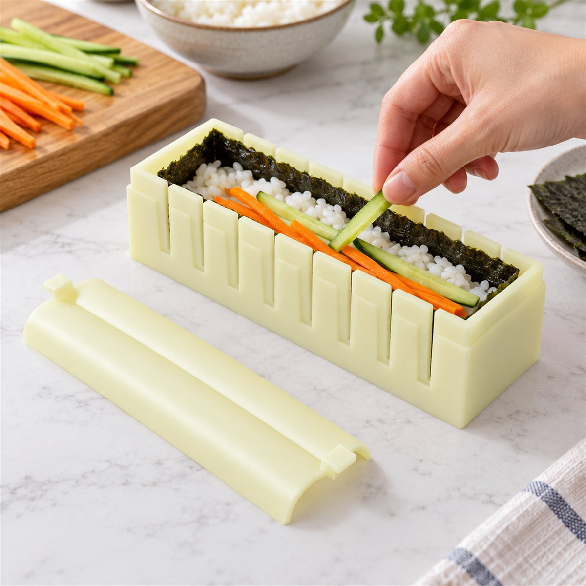 Sushi roll maker mold with removable press and slicing guide, product view 3