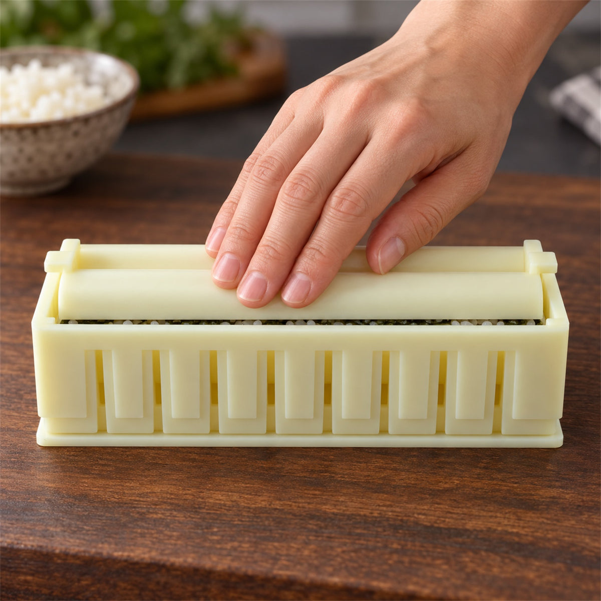 Sushi roll maker mold with removable press and slicing guide, product view 4