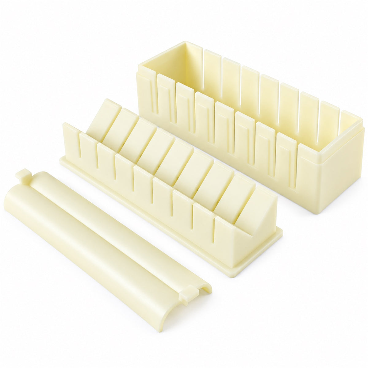 Sushi roll maker mold with removable press and slicing guide, white background view