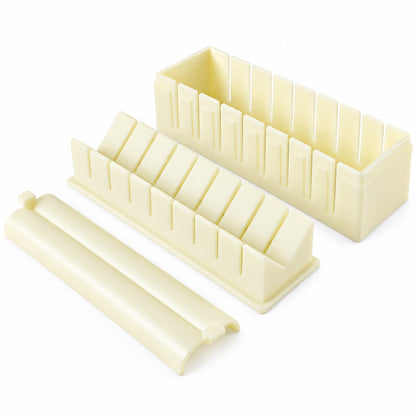 Sushi roll maker mold with removable press and slicing guide, white background view