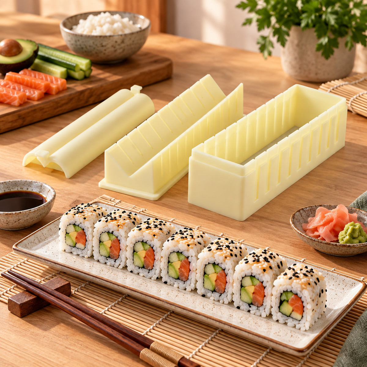 Sushi roll maker mold with removable press and slicing guide, product view 9