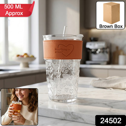 Glass Drinking Tumbler with Lid Transparent Water Juice Glass for Home (1 Pc)
