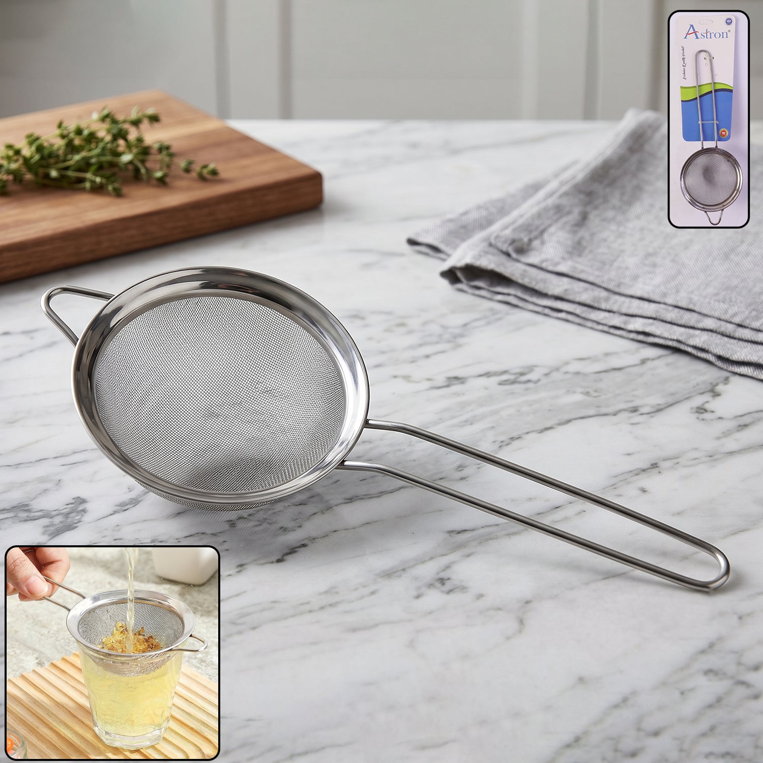 SS Tea Strainer Fine Mesh Sieve Stainless Steel with Long Handle Kitchen (1 Pc)