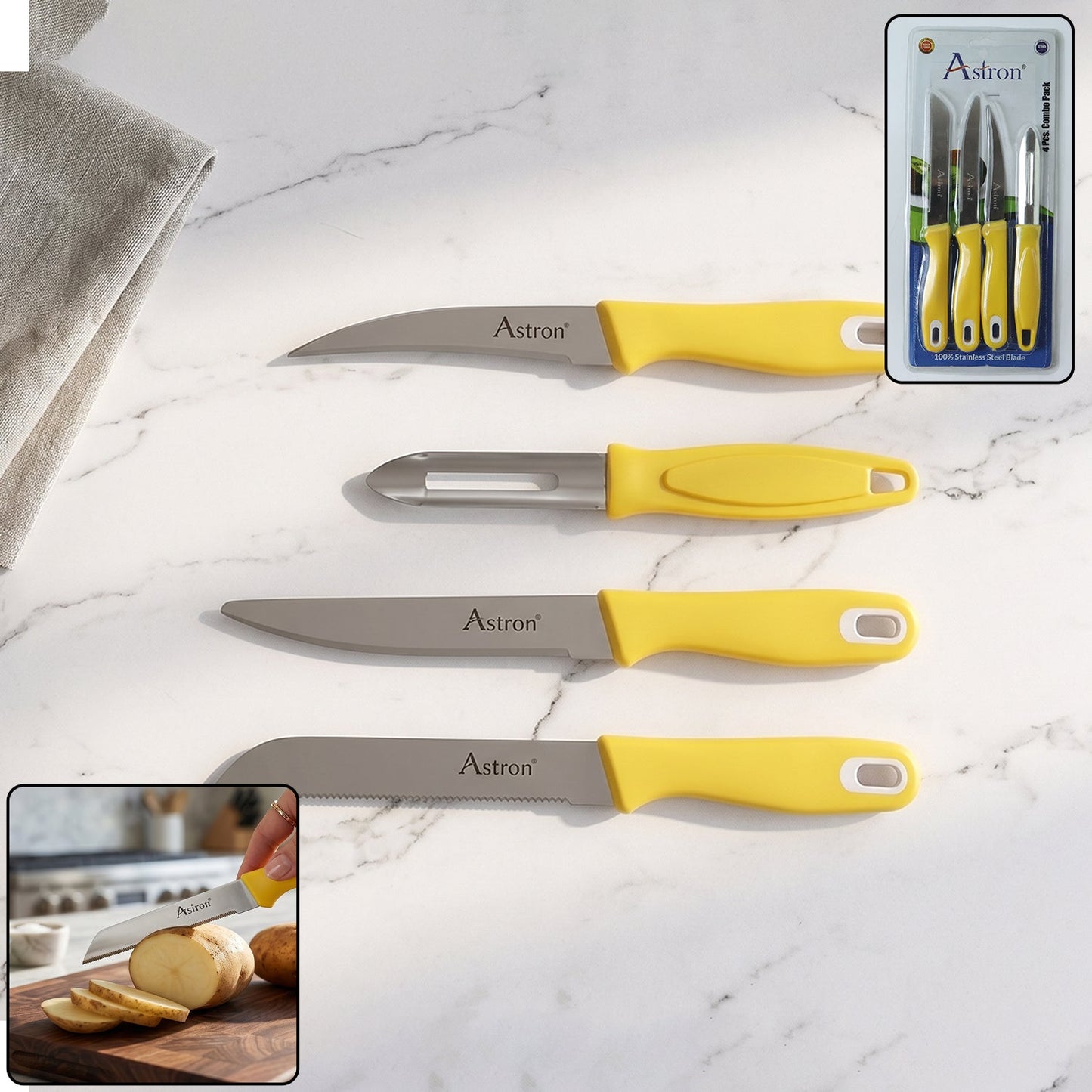 SS Kitchen Knife Set with Plastic Handle Stainless Steel Peeler Combo (4 Pc)