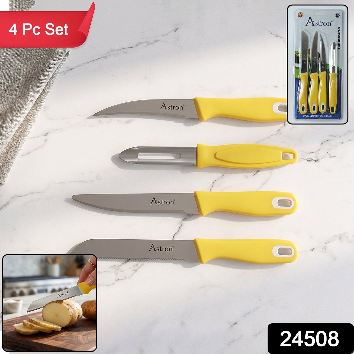 SS Kitchen Knife Set with Plastic Handle Stainless Steel Peeler Combo (4 Pc)