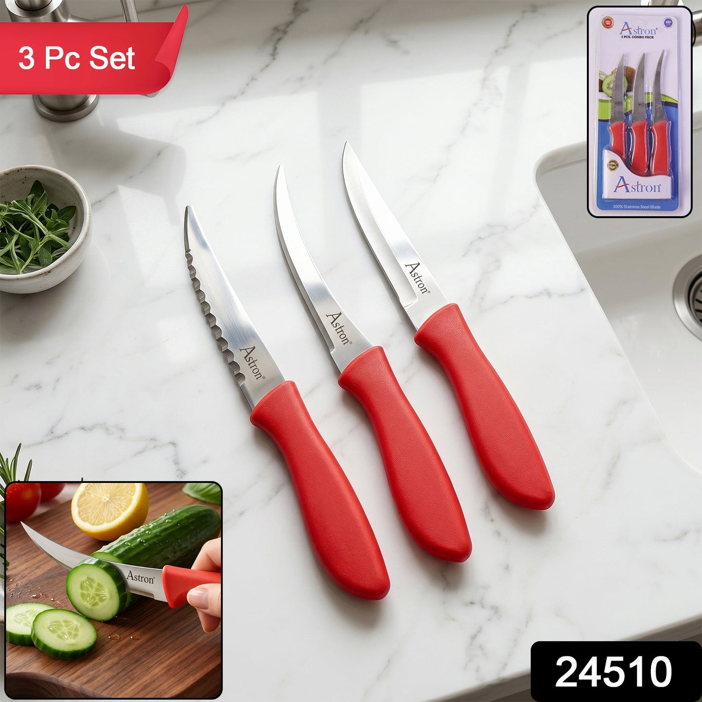 SS Classic Kitchen Knife Set Stainless Steel with Plastic Handle Combo (3 Pc)