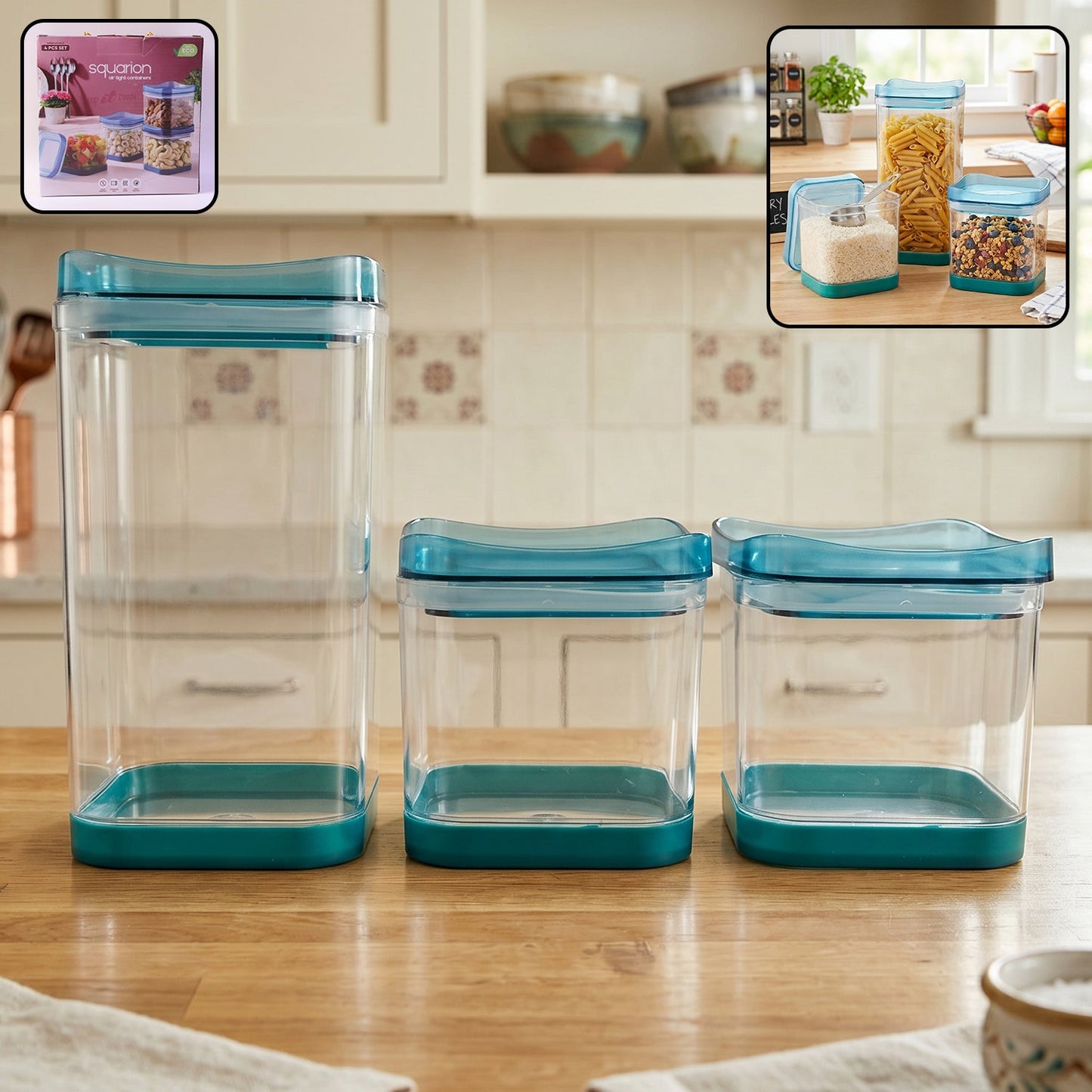 Clear plastic Squarion containers with dry groceries like rice & pasta