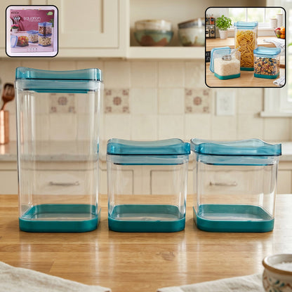 Clear plastic Squarion containers with dry groceries like rice & pasta