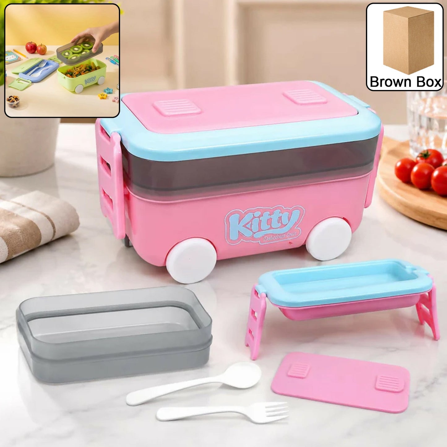 Car Shape Kids Lunch Box with Wheels Spoon and Fork for School Tiffin (1 Set)