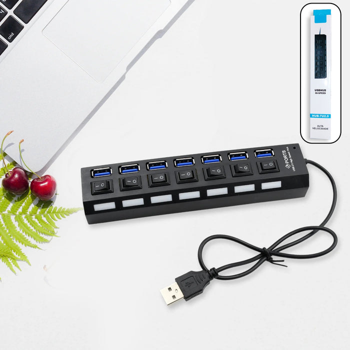 USB Splitter Multi Port USB 2.0 Hub, 7 Port with Independent On/Off Switch and LED Indicators USB A Port Data Hub, Suitable for PC Computer Keyboard Laptop Mobile HDD, Flash Drive Camera Etc
