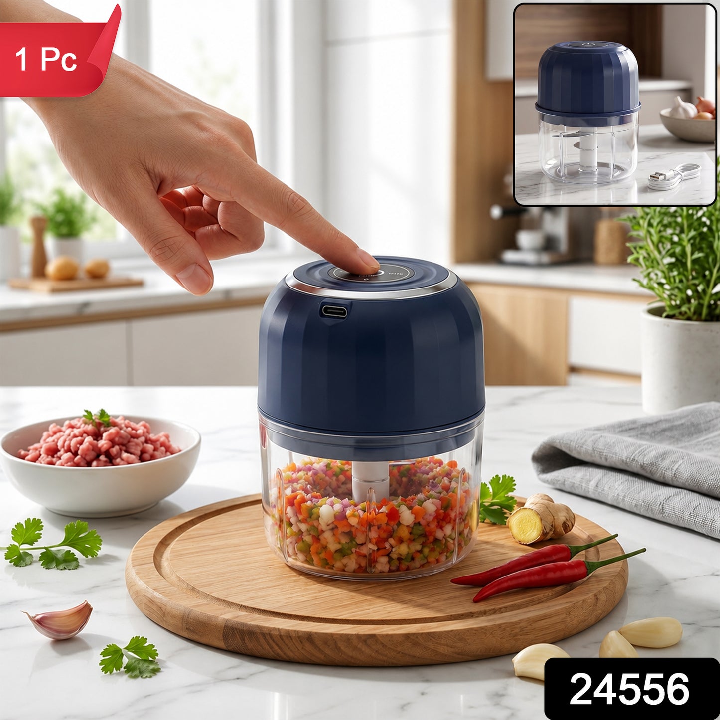 USB Rechargeable Mini Food Chopper with Glass Bowl for Quick Kitchen Prep (1 Pc) - image 2