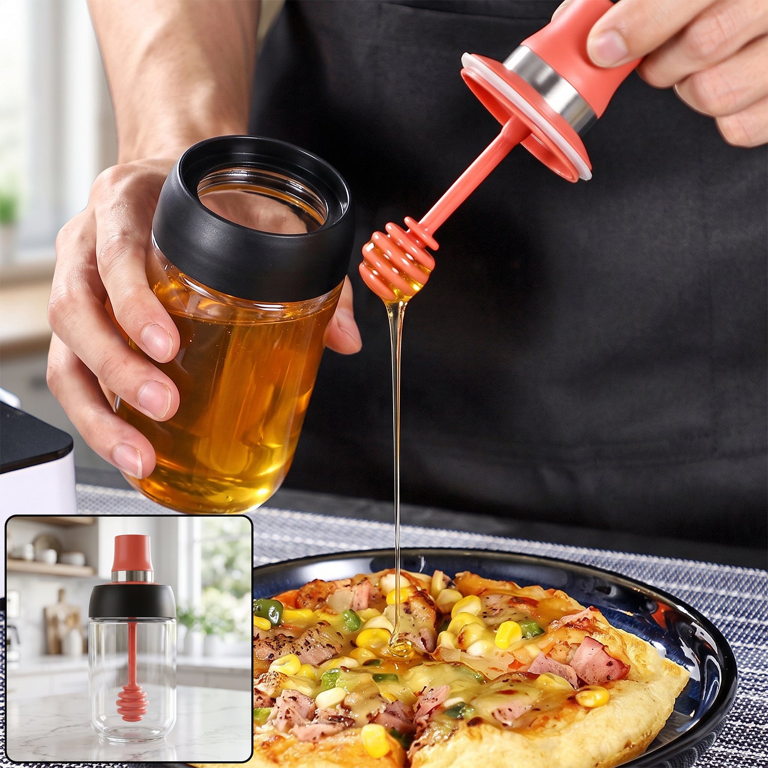 24568 glass honey dispenser bottle with dipper hero