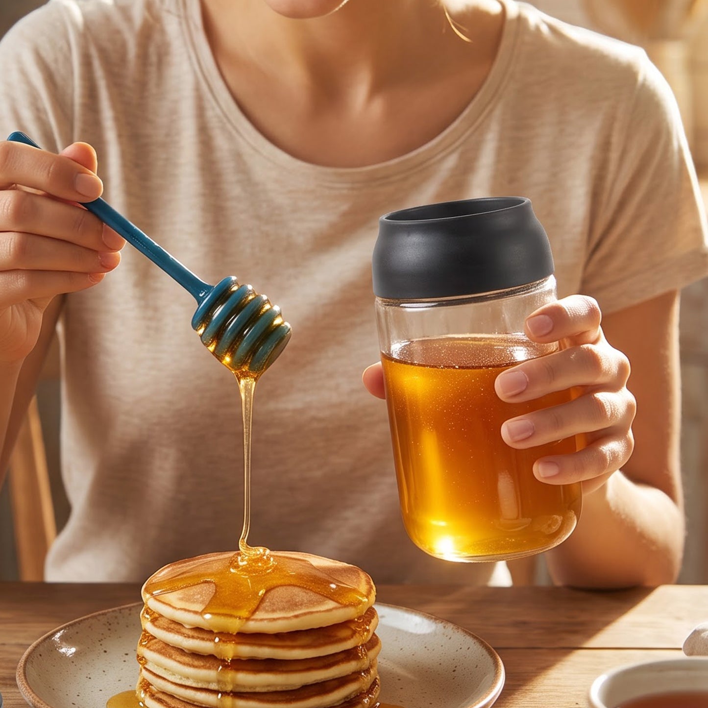 Brush applicator dispensing honey over pancakes