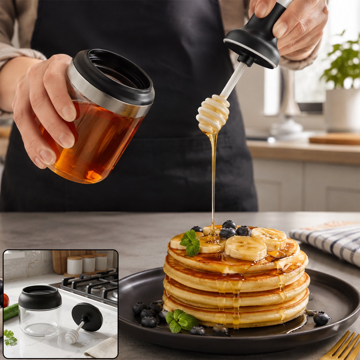 Round oil and honey dispenser with dipper in kitchen use