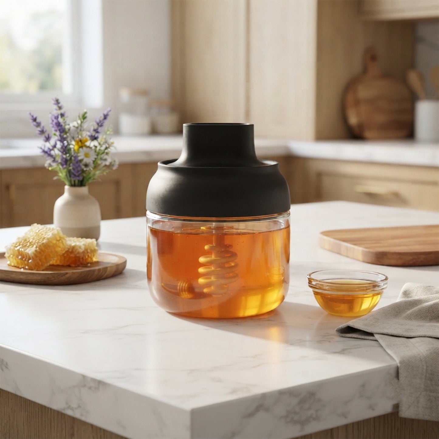Round honey dispenser jar on kitchen counter