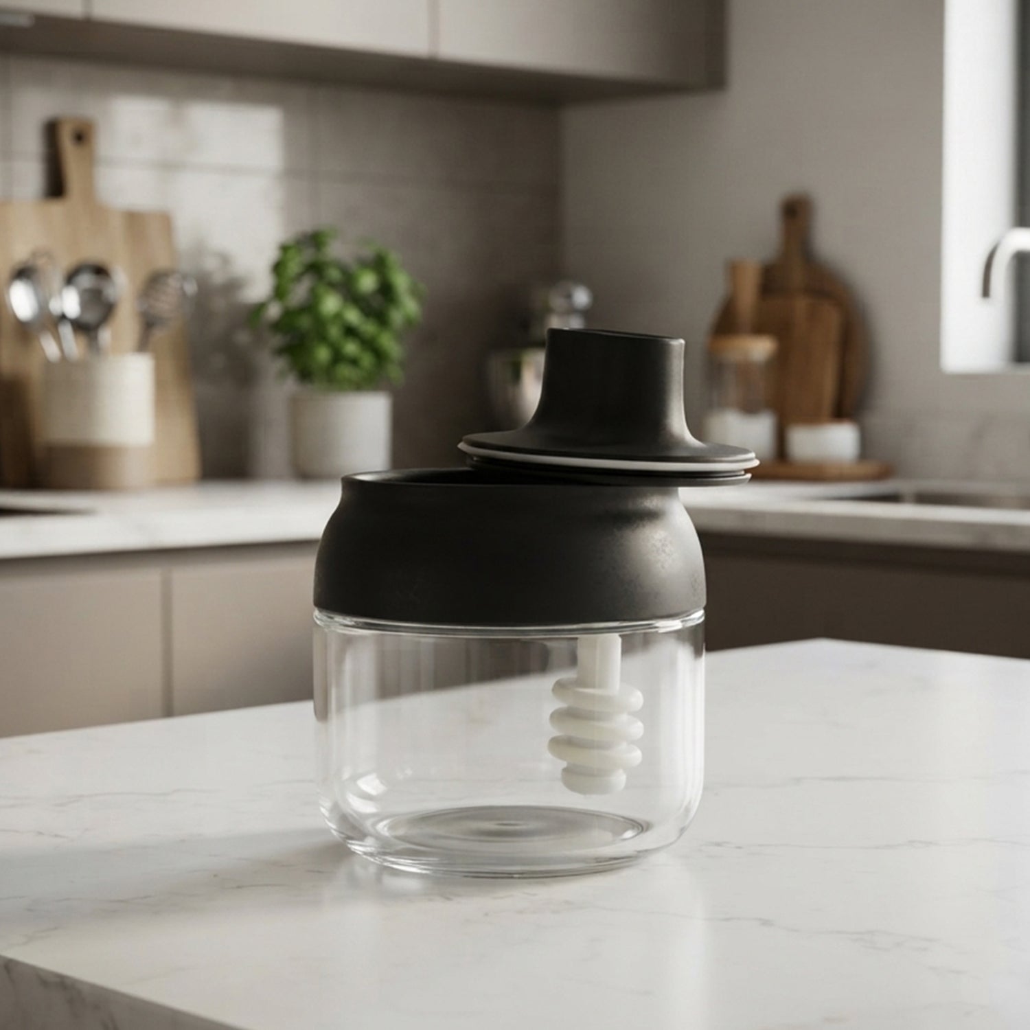 Compact round condiment dispenser jar for kitchen