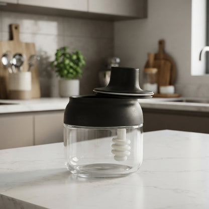 Compact round condiment dispenser jar for kitchen