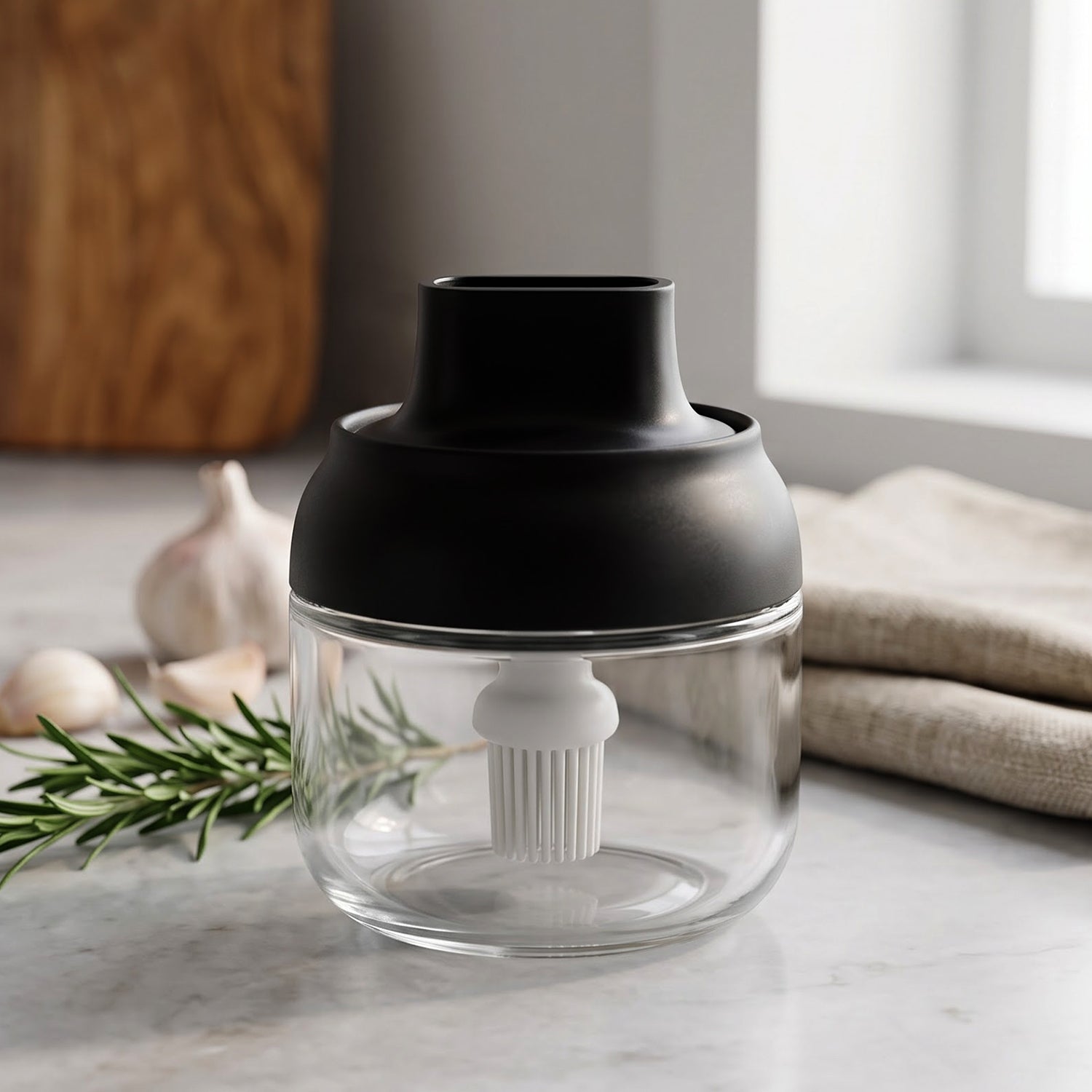 Round glass oil dispenser jar with brush