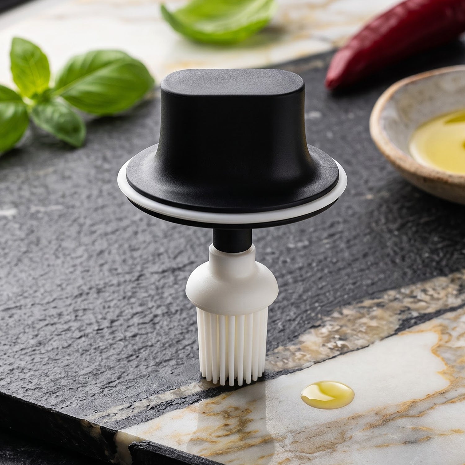Oil dispenser brush lid and silicone seal